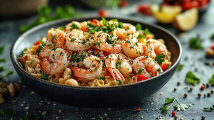 A dark bowl overflows with cooked pasta and succulent shrimp, garnished with fresh parsley.  The dish is accompanied by lemon wedges and peppercorns