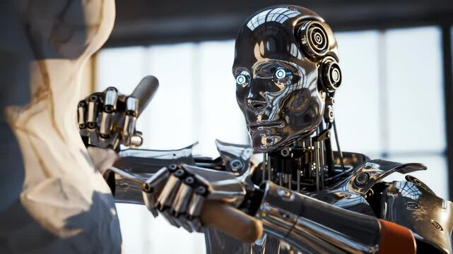 A robot artist skillfully chisels a statue, showcasing advanced robotics and craftsmanship in a well-lit workshop. The atmosphere reflects a blend of technology and creativity.