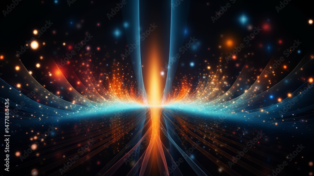 Poster Colorful, abstract image of a bright orange and blue line with a dark blue background. The image is full of bright, glowing dots that create a sense of movement and energy