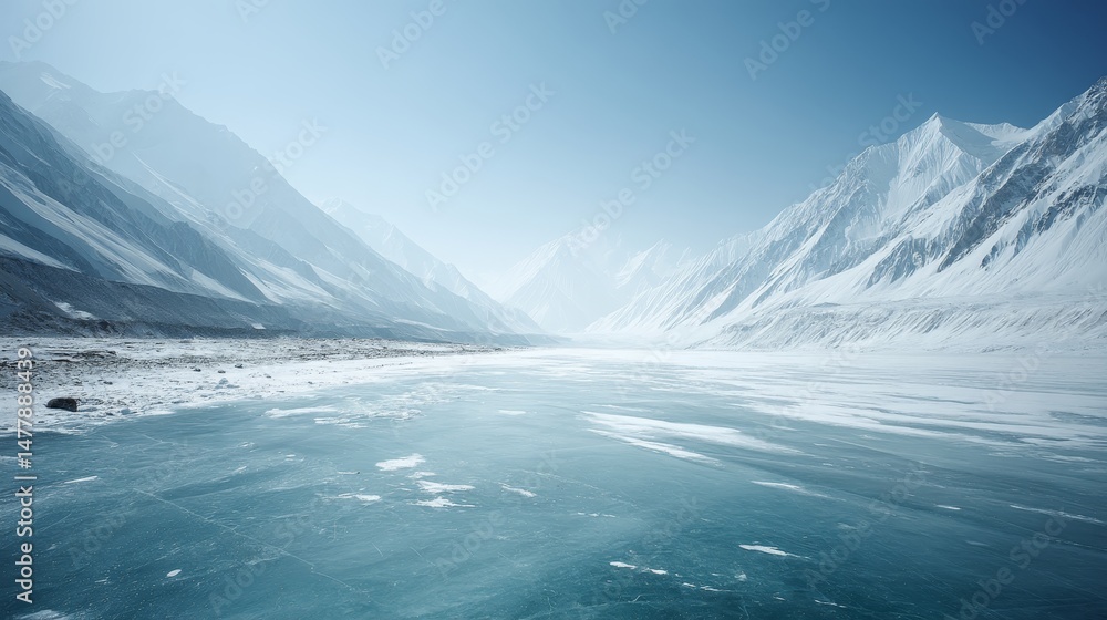 Poster wide panoramic view of snow-capped mountains surrounding a tranquil frozen lake, creating a serene a