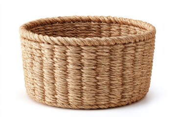 A meticulously crafted, round jute basket, showcasing a beautiful woven texture and natural beige hue. Perfect for home decor or storage.