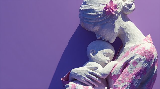 Clean digital illustration of a mother and child made from clay-style 3D forms, flatly lit against a lavender background, top-right copy space