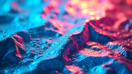 Abstract topographic rendering with vibrant blue and red neon light creates a futuristic digital background landscape.