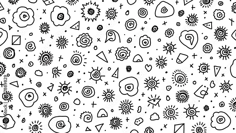 Poster hand drawn abstract doodle art black and white pattern with various simple shapes seamlessly arrange