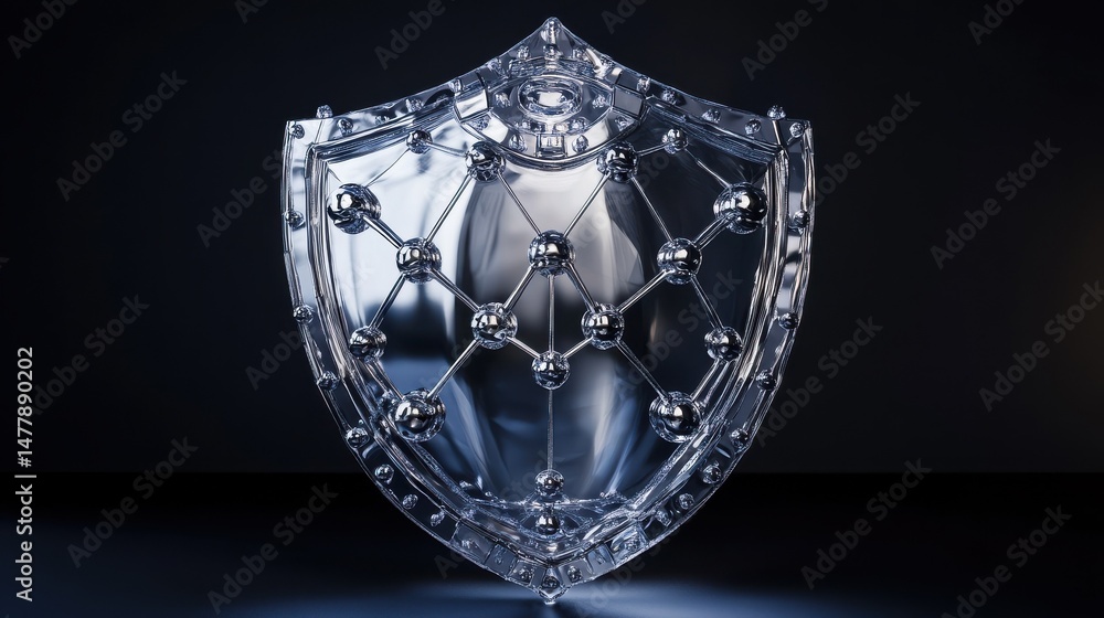 Poster digital shield with network connections, representing cybersecurity protection and data safety in a 