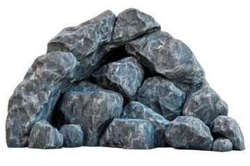 Pile of rough gray rocks creating a grotto entrance against black background rugged texture and isolated rockwork for landscaping