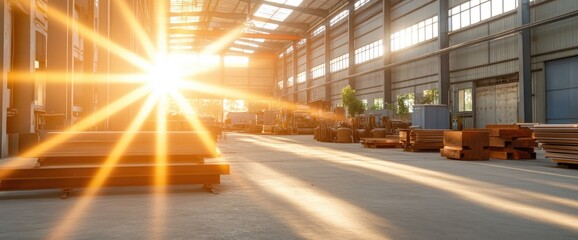 Fototapeta premium Industrial warehouse interior with sunlight storage and manufacturing activities