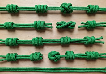 Intricate Green Nylon Ropes Tied in Various Knots, Displayed Against a Light Wood Background. A Study in Nautical Art.