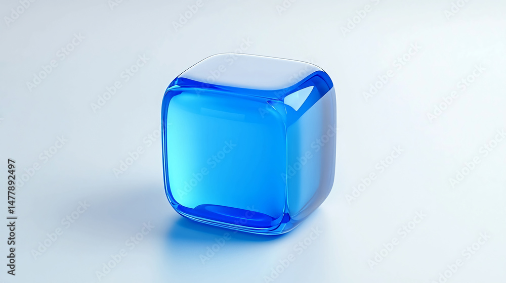 Poster blue crystal cube render for design element or abstract background with smooth surface and reflectio
