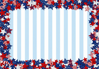 Fototapeta premium A patriotic frame with red, white, and blue stars bordering a light blue and white striped background. 