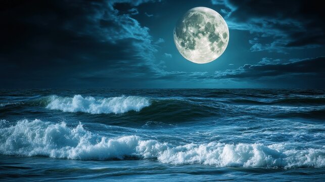 Dark ocean waves under a full moon at night with dramatic lighting and turbulent water creating a moody atmosphere with Copy Space.