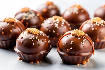 Obraz premium Delicious gourmet chocolate truffles with nutty topping and sugar sprinkle close up view