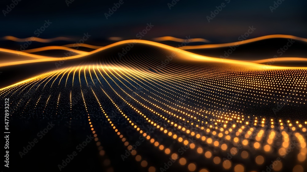 Aufkleber Field of yellow dots on a black background. The dots are arranged in a way that creates a sense of depth and movement. The image evokes a feeling of warmth and energy