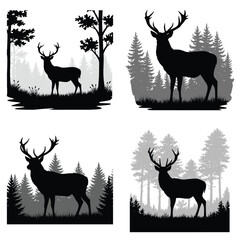Naklejka premium Deer in forest silhouette vector set with trees and wildlife scene, black and white nature landscape