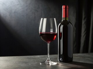 Elegant Red Wine Glass and Bottle on Dark Background