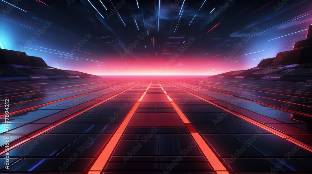 Poster futuristic cityscape with neon lights and a red sky. the sky is filled with streaks of light, giving