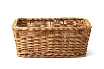 Empty wicker basket isolated on white background.  Perfect for rustic, country, or farmhouse themes. This light brown basket is ideal for storage or display.