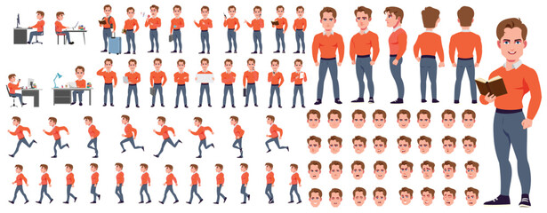 Man Character design. Front, side, back view and explainer animation poses. Character set with lip sync and facial expressions of Happy, angry, sad, Joy with Side walk cycle animation sequence sprite 