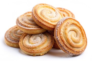 Fototapeta premium Delicious pile of freshly baked spiral cookies dusted with powdered sugar on white background