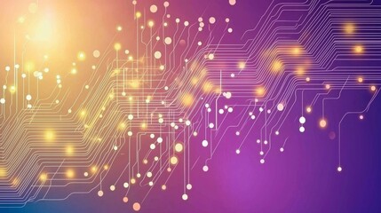Obraz premium Abstract technological background shows glowing points connected by intricate circuit lines on a vibrant orange and purple gradient.