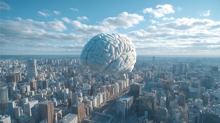A brain floats over a city.