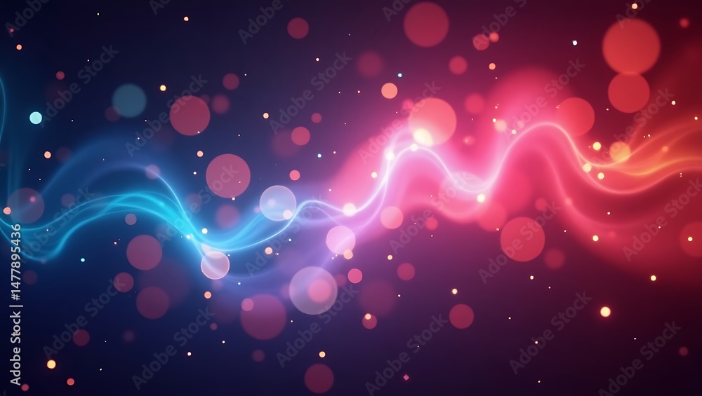 Poster abstract and elegant illustration of vibrant colorful flowing lines and bokeh lights on a dark backg