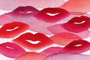 Fototapeta premium Abstract watercolor painting featuring a pattern of red and pink lips, creating a vibrant, feminine, and playful backdrop with a soft, textured effect for beauty designs.