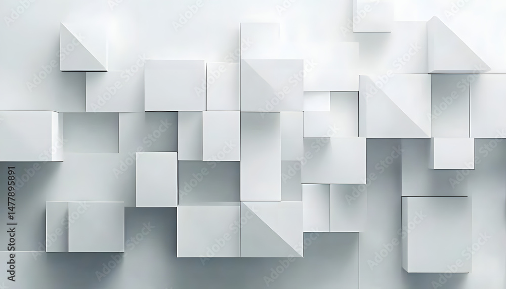 Poster random shifted white cube boxes block the background wallpaper banner. abstract 3d square white tech