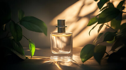 Glass Perfume Bottle with Green Leaves in Warm Sunlight