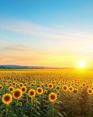 Fototapeta premium A vast field of vibrant yellow sunflowers bathes in the warm golden light of a beautiful summer sunset under a clear blue sky today.