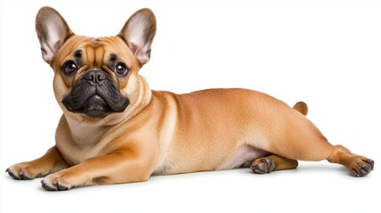 Playful French Bulldog Lying on White Background in Relaxed Pose