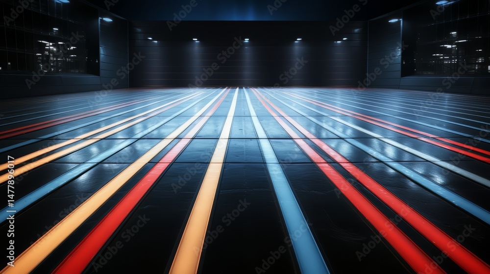 Aufkleber Large empty room with a blue stripe on the floor. The room is lit up with lights and has a futuristic feel to it