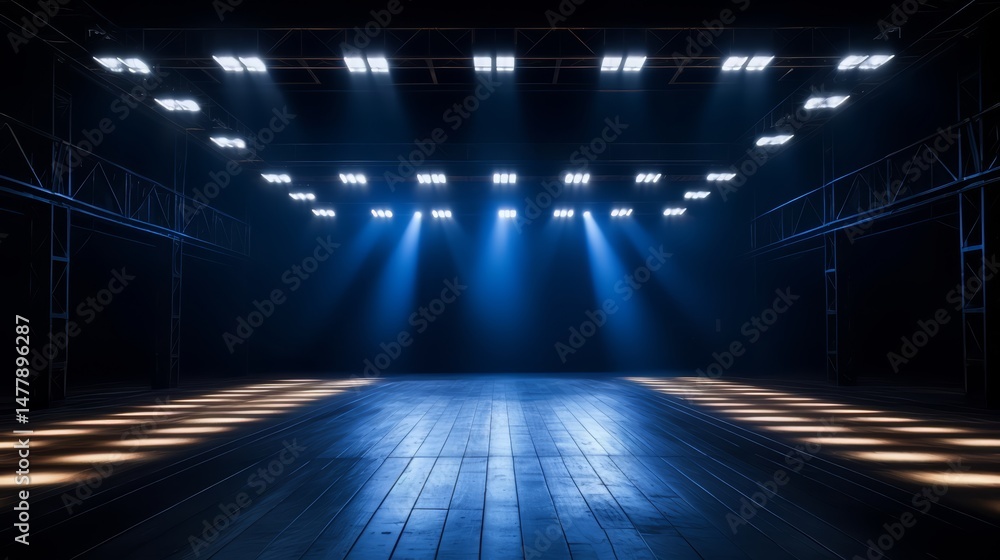 Aufkleber large, empty room with blue lights shining on the wooden floor. the room is dimly lit, creating a mo