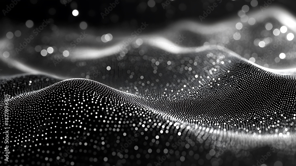 Poster abstract particle wave background with depth of field monochrome illustration represents modern tech