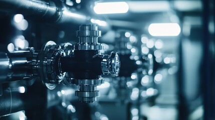 Close up of industrial valves and pipe system in low light environment