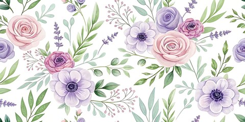 Obraz premium Roses and anemones in watercolor adorn a white background with verdant foliage seamlessly