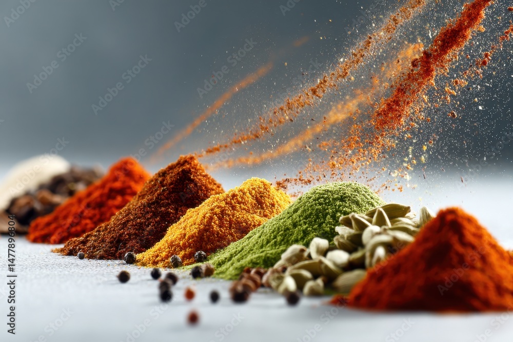 Poster colorful array of spices and seasonings arranged in a row, with some particles floating in the air, 