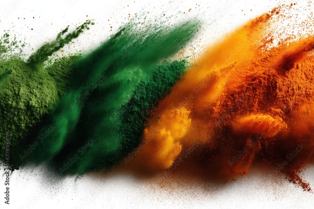 Aufkleber an explosion of vibrant green and orange powder, creating a dynamic abstract design, with particles 