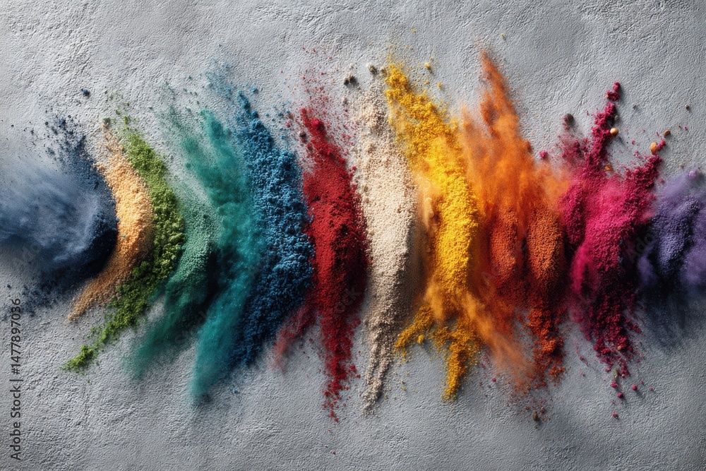 Poster vibrant array of colorful powder explosion against a concrete background, creating a dynamic and vis
