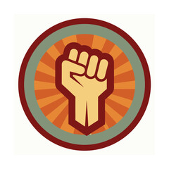 Symbol of solidarity and strength featuring a raised fist within a sunburst design