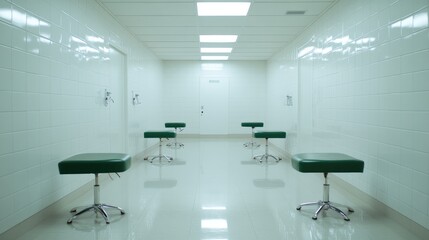 Interior view of clean hallway with green stools and tiled walls