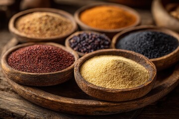 Various types of healthy and colorful grains displayed in rustic wooden bowls, arranged creatively on a wooden tray against a dark background.