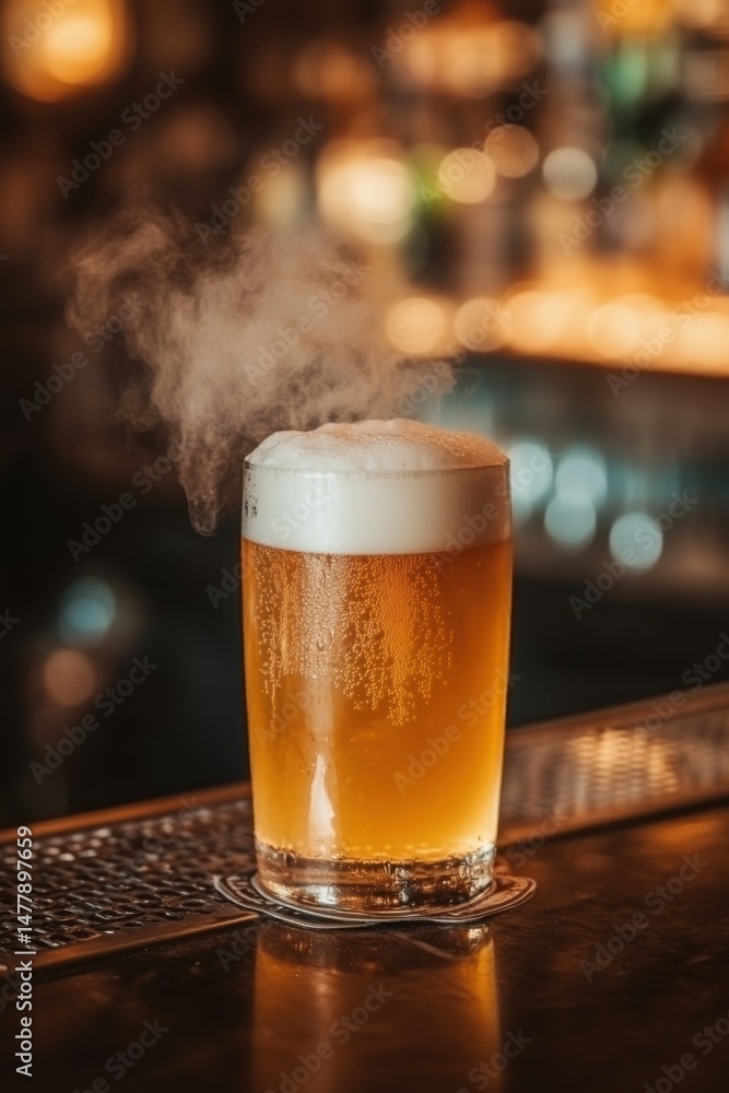 Poster steaming pint of beer on bar top close up shot of refreshing beverage with bubbles and foam
