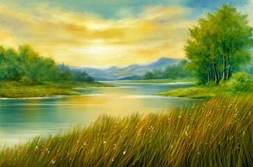 Sunset over the river. An excellent landscape painted by the artist