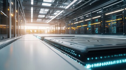 Obraz premium Futuristic data center interior with advanced technology and bright lighting