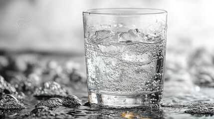 Sparkling Water with Ice Cubes in Glass Refreshing Drink Closeup Photography