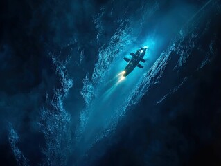 Submersible vehicle travels deep, dark ocean.