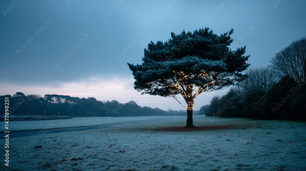 Aufkleber A low-angle view captures a snow-covered pine tree glittering with twinkling lights in a frosty meadow, evoking a peaceful winter atmosphere at dusk