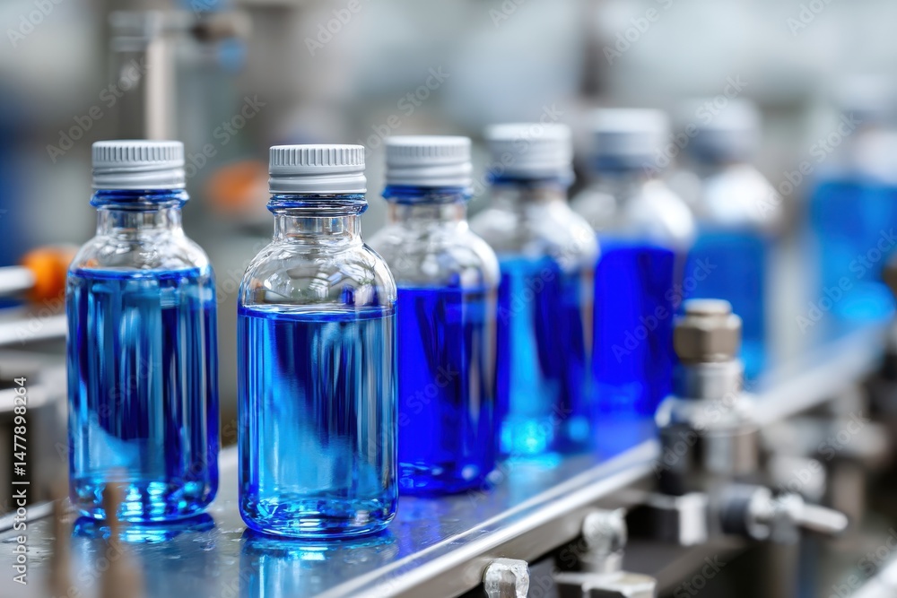 Poster a close-up shot showing the row of transparent bottles with blue liquid filled and capped on the pha