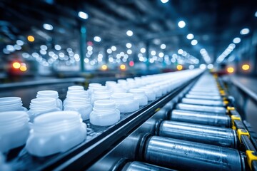 Obraz premium A long conveyor belt line in a factory with multiple rows of white plastic jars, under blue lighting and blurred bokeh, showcasing industrial production and manufacturing process.